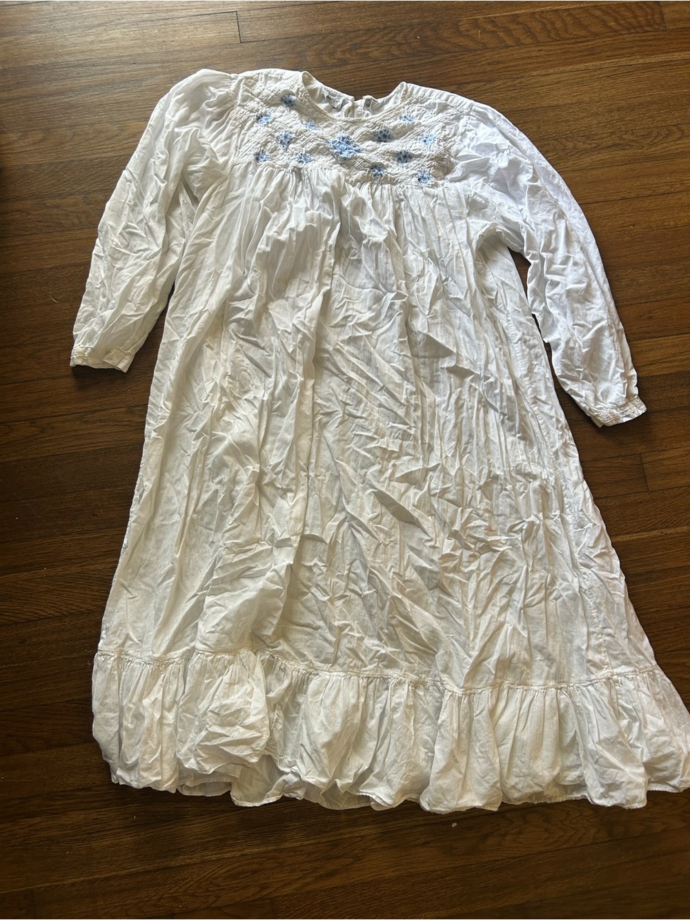 Ann Loren White Maxi Dress with Blue Floral Smocking